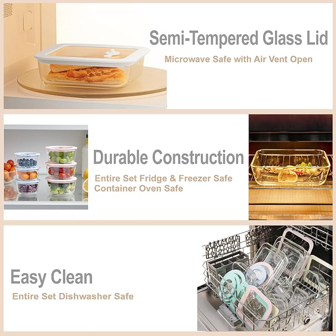 Glass Food Container Set with Glass Lid, 4 Pack, Meal Prep Containers with Silicone Framed Airtight Lid, Leakproof, 100% Plastic Free,