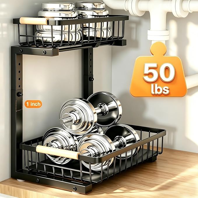 Under Sink Organizer, 2 Pack Height Adjustable Under Sink Organizers and Storage, 2 Tier Pull Out Drawer Cabinet Storage for Kitchen Bathroom