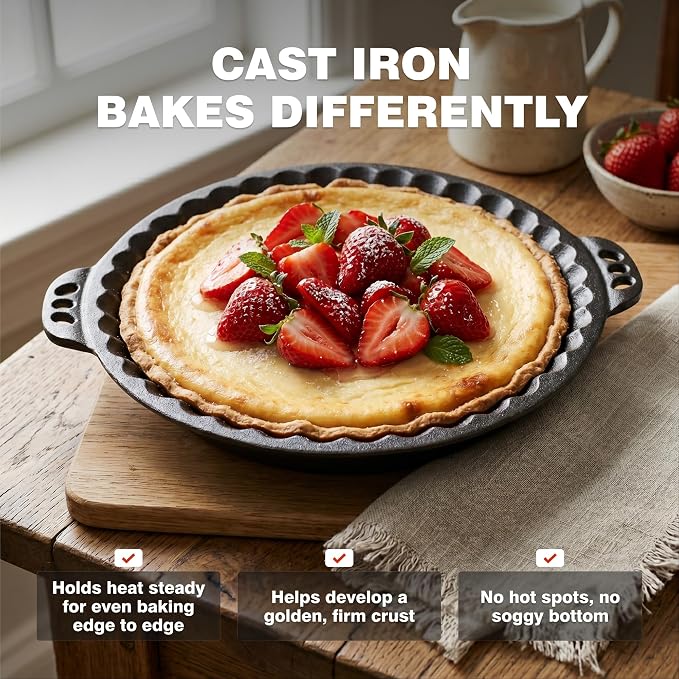 Cast Iron Pie Pan | Pre-Seasoned Round Baking & Serving Dish | 9" | Pan for Apple, Pumpkin & Cherry Pies, Quiche & Tarts | For Baking & Serving | Silicone Trivet Included | 9", 2" Deep