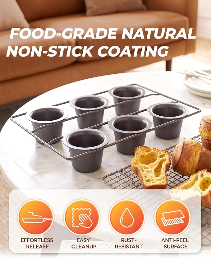 Bake Choice Nonstick 6-Cup Popover Pan, Heavy-Duty Carbon Steel | Rust-proof | Flake-free | Warp-resistant | Fast heating | Professional Yorkshire pudding pan with PFOA-free coating