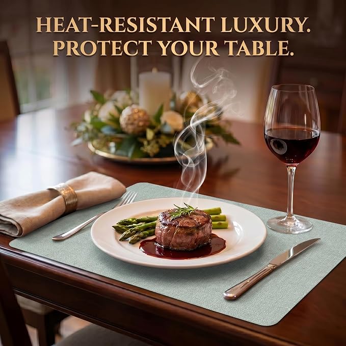 Faux Leather Placemats Set of 6, Wipeable Waterproof Stain Resistant Table Mats, Heat Resistant Thick Placemats with Hand-Painted Edges for Kitchen Dining, Imitative Linen Texture, Various Shapes