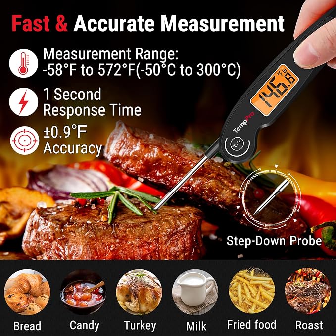 TempPro TempSwift Instant Read Meat Thermometer for Cooking | Waterproof Digital Food Thermometer with Large Backlit LCD, Kitchen Thermometer for Grilling, Smoking & Candy Making