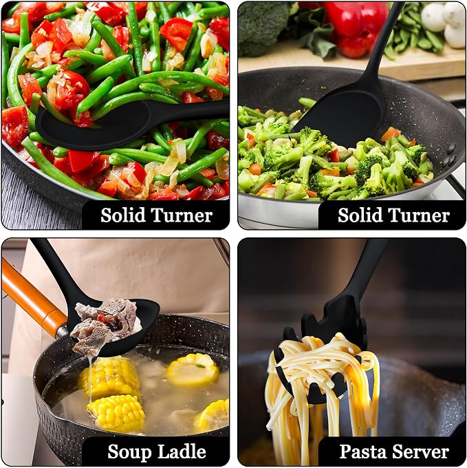 LIANYU Non-Toxic Cooking Utensils Set of 8, Silicone Black Kitchen Utensils | Healthy Kitchen Tools for Non-Stick Cookware, with Spatula & Spoon, Stainless Steel Core, Healthy & Heat Resistant