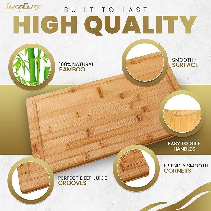 SliceElite Wood Cutting Board - 3 Piece Bamboo Cutting Board Set, Wooden Cutting Boards for Kitchen with Deep Juice Groove, Side Handles - Wood Chopping Boards for Meal Prep, Meat, Vegetables