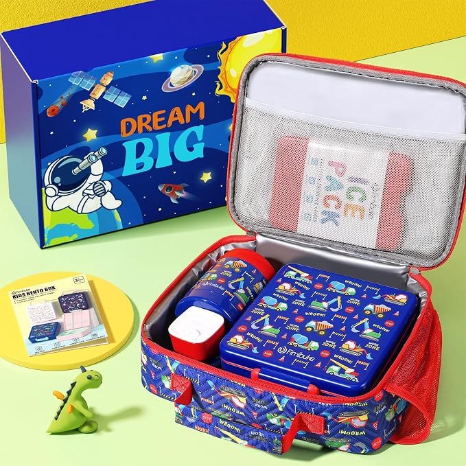 Fimibuke Kids Bento Snack Lunch Box with Thermo Insulated Toddler Lunch Bag | Lunch Box Kids with 4 Compartment, Food Jar, Ice Pack, Utensils, Birthday Gifts for Ages 3-12 Back to School Toddler Girl Boy