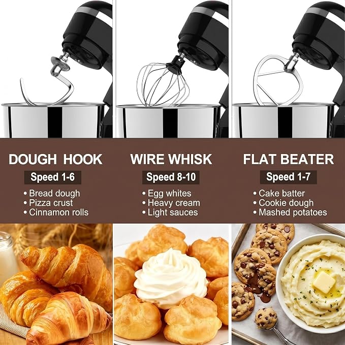 6in1 Stand Mixer with 6.5 Quart Bowl, 660W 10+p Speeds Kitchen Food Mixer Tilt-Head Bread Dough and Cake Mixers for Home Daily Use (Black)