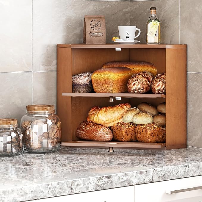 Trironsun Corner Bamboo Bread Box for Kitchen Counter Double Layer Bread Storage Container Large Capacity Bread Storage Bin with Wavy Arcylic Transparent Door (Brown)