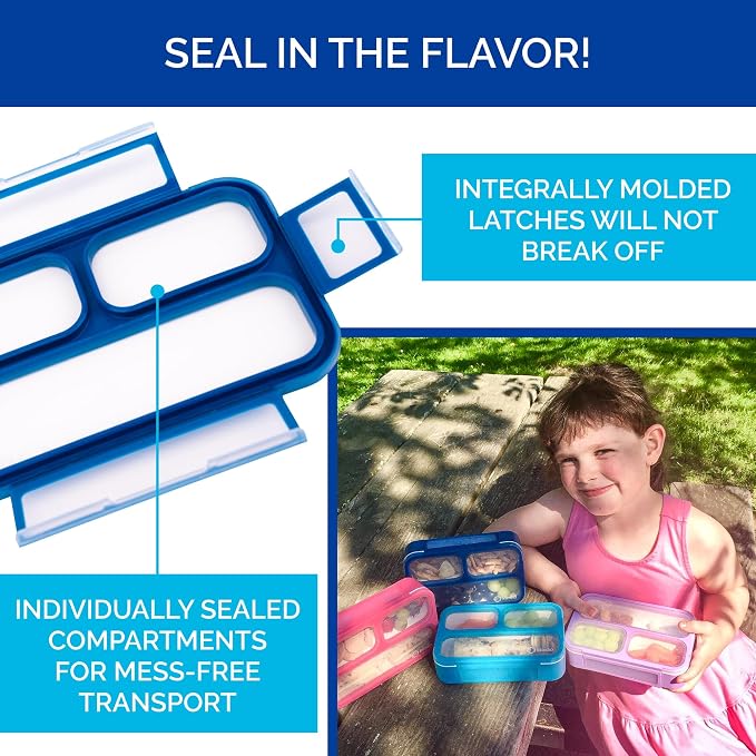 kinsho Small Snack Box Containers for Kids Toddlers, Set of 2 (Navy+Blue) | 3 Compartments, Leak-Proof, Spill Proof, BPA-Free Reusable Small Mini Bento Lunch Box for Daycare School Travel, Holds 2 Cups