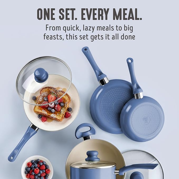 GreenLife 16pc Ceramic Nonstick Pots & Pans Cookware Set, Slate Blue | PFAS-Free Nonstick Coating, Stockpot, Frying Pans, Saucepan, Sauté, Induction Ready, All Stovetop Compatible, Dishwasher Safe