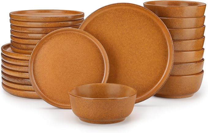vancasso ZERMATT 24 Pieces Stoneware Dinnerware, Plates and Bowls Set for 8 | Dishes Set for 8 in Caramel Yellow Reactive Glaze Stoneware, Kitchen Dinner Set, Microwave and Dishwasher Safe