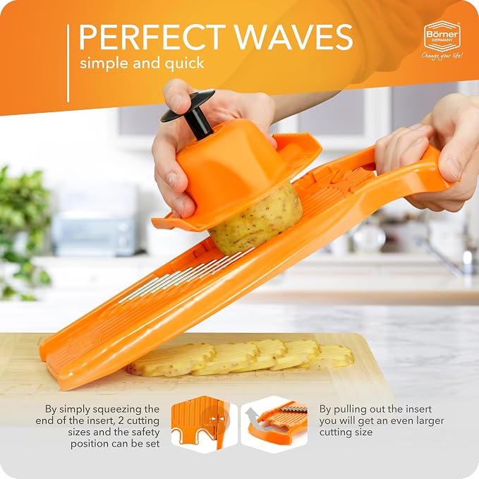Börner by Reston Lloyd Wave-Waffle Power Line • Crinkle Cut/Spirelli Vegetable Slicer & Food Safety Holder • Slicer for Wave Waffle Cut Style • Multiple Thickness Options • Made in Germany, Orange