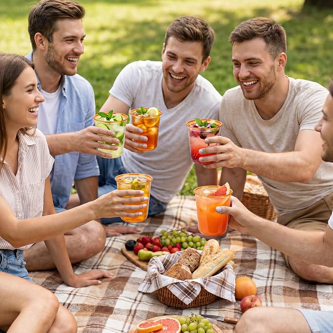 WELLIFE 100 Pcs 12 oz Clear Orange Plastic Cups | Disposable Cocktail Glasses Stemless Wine Punch Cups for Cold Drinking Party Supplies Graduation Thanksgiving Day