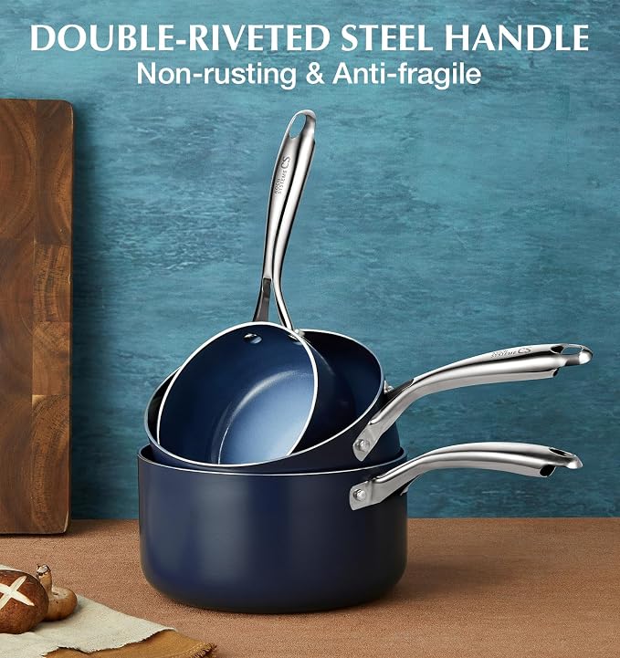 KOCH SYSTEME CS Nonstick Sauce Pan with Lid, 1 Quart Saucepan with Lid, 1 QT Nonstick Ceramic Small Sauce Pan with Stainless Steel Handle, Non-Toxic Ceramic Saucepan, Oven Safe, Gradient Blue