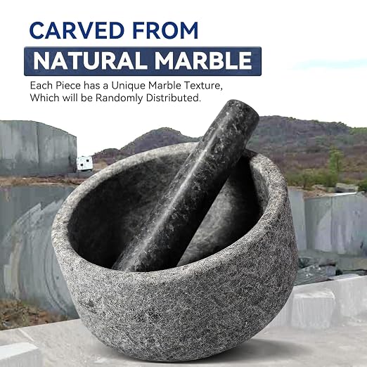 Granite Mortar and Pestle Set, 6.3"-2 Cups Unpolishesd Stone Grinder Bowl for Guacamole, Salsa, Pill Crusher, Spice, Herb, Garlic, Nut, Heavy Duty Grinder for Kitchen(Angola Silver Black)