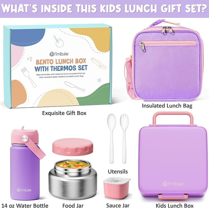 Fimibuke Bento Box for Kids Adult - Leakproof 3-4 Compartments Lunch Bento Box Set with Insulated Food Jar, Water Bottle, Lunch Bag, Sauce Cup & Cutlery for Toddler Teen Shcool Girl Boy Age 3+