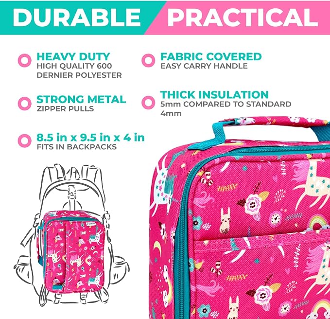 kinsho Kids Bento Lunch Box Set with Thermo, Bag & Ice Pack, Pink Unicorn | 5 Compartments, Removable Tray, Small Meal Snack Container for Kids Toddlers, Daycare Pre-School Kindergarten, Steel Food Jar