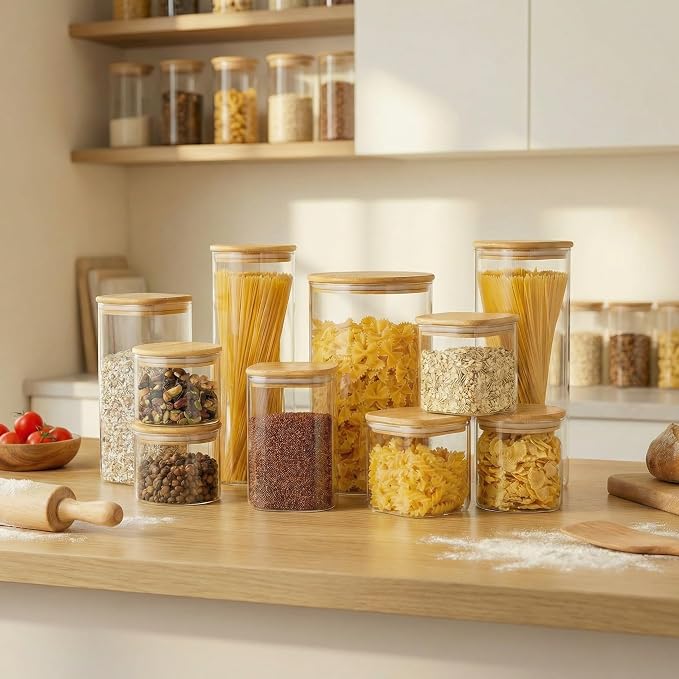 42 oz Square Glass Food Storage Containers with Airtight Bamboo Lids, 4Pack | Pantry Jars for Flour, Sugar, Pasta & Spices, Durable Borosilicate Glass Canister Keep Food Dry & Fresh, Easy to Fill & Clean