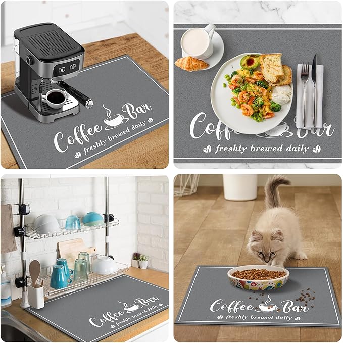 CooRug Fashion Coffee Mat, Dish Drying Mat 12" x 20" Dark Grey | Hide Stain, Absorbent, Coffee Bar Accessories, Heat Resistant, Non-slip, Eco-friendly, Easy to Clean