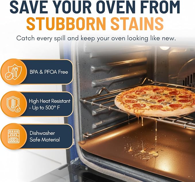 Oven Liners for Bottom of Oven - 4 Pack Large Heavy Duty Mats, 17”x25” Non-Stick Reusable Liner for Electric, Gas, Toasters, Grills - BPA & PFOA Free Kitchen Accessory to Keep It Clean (Copper)