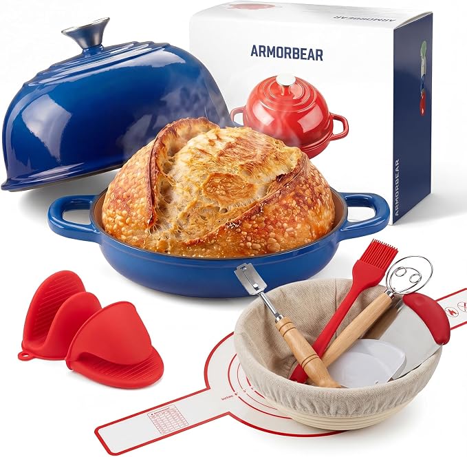 5QT Enameled Cast Iron Sourdough Bread Oven & Starter Kit, Blue | Tight-fitting Dome Lid Helps Retain Steam, Baking Kit Supports Proofing, Scoring & Dough Transfer, Complete Artisan Bread Set