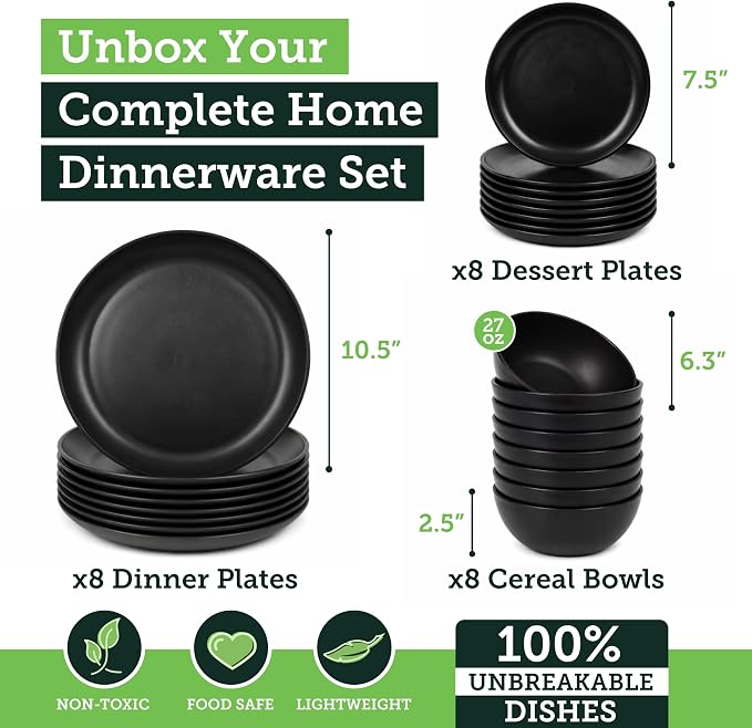 Grow Forward 24-piece Premium Wheat Straw Dinnerware Sets for 8 - Unbreakable Dishwasher & Microwave Safe Plastic Plates and Bowls Sets - Patio, Outdoors, RV, Camping Dishes - Midnight