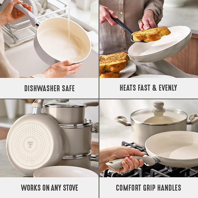 GreenLife 16pc Ceramic Nonstick Pots & Pans Cookware Set, Beige Taupe | PFAS-Free Nonstick Coating, Stockpot, Frying Pans, Saucepan, Sauté, Induction Ready, All Stovetop Compatible, Dishwasher Safe