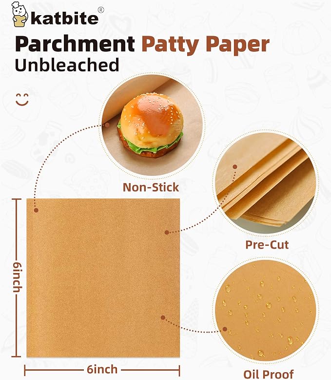 Katbite 300Pcs 6x6 Inches Patty Paper, Burger Patty Paper, Unbleached Parchment Sheets, Heavy Duty & Non-Stick, Squares for Seperating Patty, Cookies, Storing Foods Wrapping Candies | Unbleached Parchment Sheets heavy duty, ideal for separating patties...
