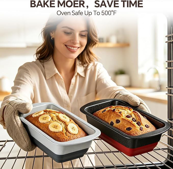 Loaf Pan Set of 2, Nonstick 1 lb Banana Bread Pan, Pop-Out Bottom | Bread Pans For Homemade Bread, Sandwich, Pound cake, Meatloaf, 8.5 x 4.5 IN, Black & Red