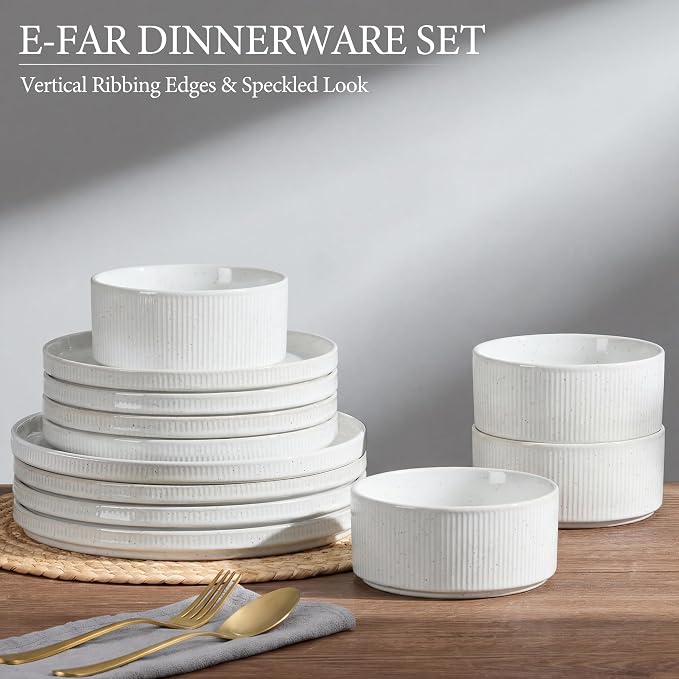 E-far Stoneware Dinnerware Sets for 2, 6-Piece Plates and Bowls Sets, White | Plate Set for 2, Chip & Scratch Resistant Ribbed Dish Set for Home Restaurant, Microwave & Dishwasher Safe, Speckled White
