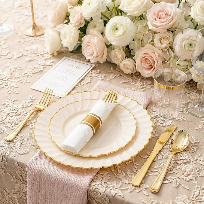 YOUBET 350PCS Ivory Scalloped Plastic Plates for Wedding Party | Ivory and Gold Disposable Dinnerware Set Include 100 Plates, 150 Gold Silverware, 50 Cups, 50 Napkins
