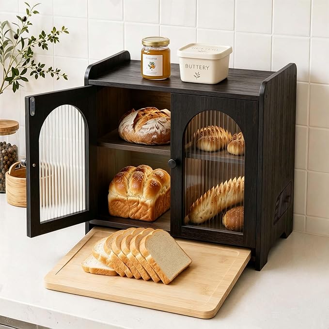 Bread Box for Kitchen Countertop, Large Double Layer Wooden Bread Storage Container with Acrylic Window, Adjustable Air Vents & Built-In Cutting Board, Pantry Organizer, Black