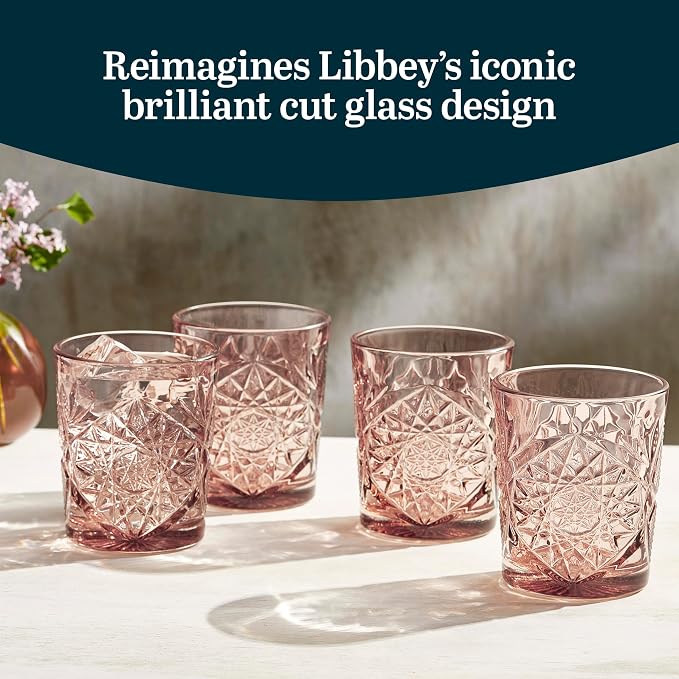 Libbey Hobstar Double Old Fashioned Glasses,Rose Colored Cut Glass Drinking Glasses Set of 4, Durable, Vintage Whiskey Glasses for Cocktail, Drinks
