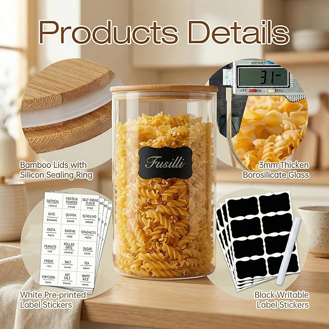 53 oz Round Glass Food Storage Containers with Airtight Bamboo Lids, 4 Pack | Pantry Jars for Pasta, Rice, Sugar & Flour, Durable Borosilicate Glass Canisters Keep Food Dry & Fresh, Easy to Fill & Clean