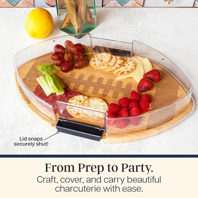 Totally Bamboo Flip, Serve & Store Football Charcuterie Board with Lid | Football-shaped serving board with locking travel cover for tailgates and game day parties. Prep side includes juice groove.