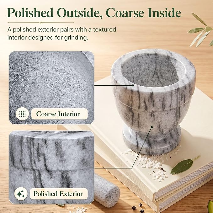 Flexzion Mortar and Pestle Set, White - Solid 4 inch Heavy Granite Molcajete Stone Grinder Crusher Bowl for Guacamole, Herbs, Spices, Garlic, Medicine Pills, Grain, Kitchen, Cooking | Crush Herbs, Spices and Garlic or Prepare Guacamole In a Compact Gri...