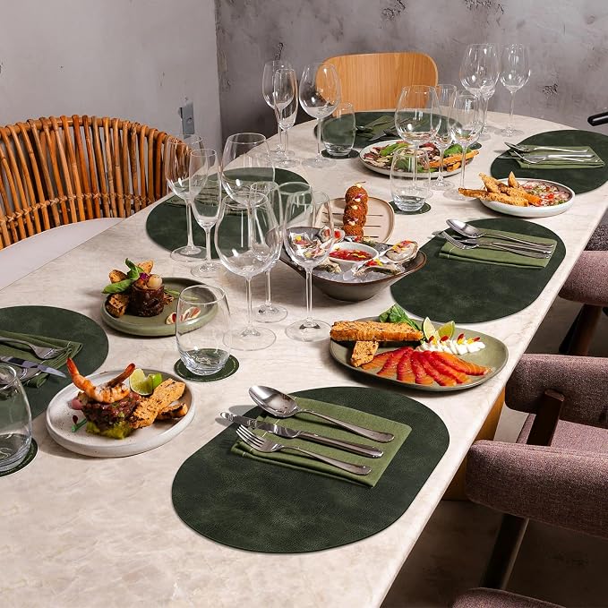 ADRIMER Placemats, Heat Resistant Oval Placemats Set of 12 Washable 12 x 17 Inch, Waterproof Table Mats, Wipeable Pu Place Mats for Kitchen, Dining Room, Olive Green