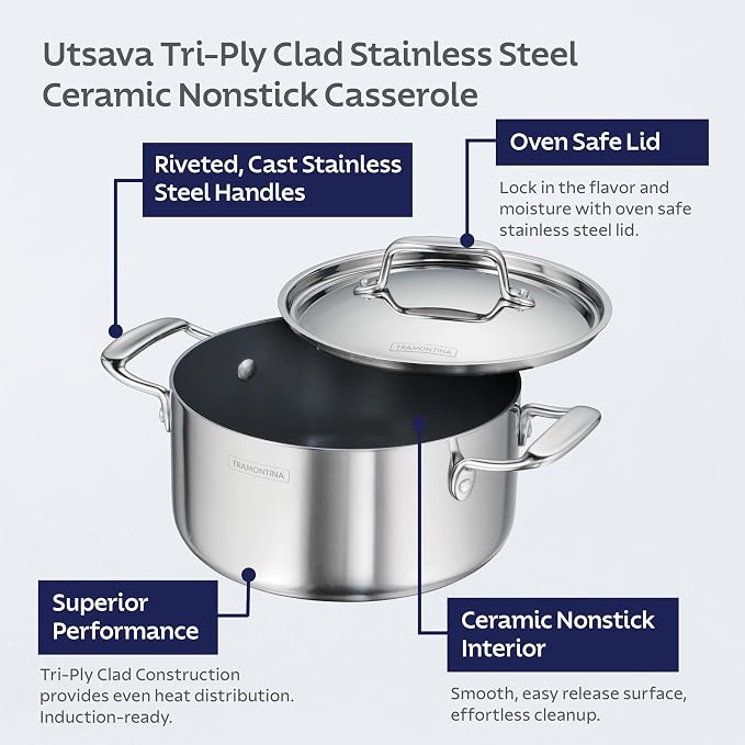 Tramontina Utsava Tri-Ply Clad Stainless Steel 3.25-Qt Casserole with Lid | Ceramic Non Stick Interior, Induction-Ready Small Dutch Oven Pot