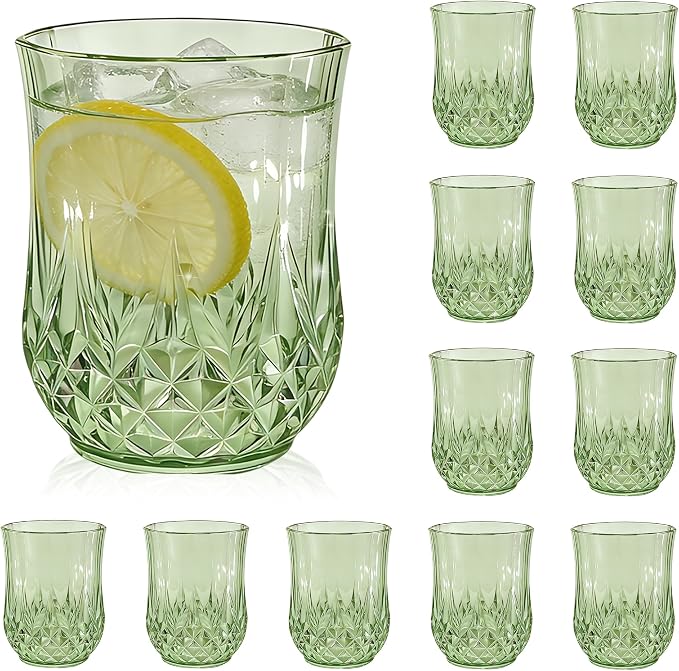12 Pack Plastic Stemless Wine Glasses, 12oz Unbreakable Wine Cups | Reusable Fancy Vintage Drinking Glass Bulk for Cocktail, Whiskey, Juice, Elegant Decor for Wedding, Party & Holiday Events