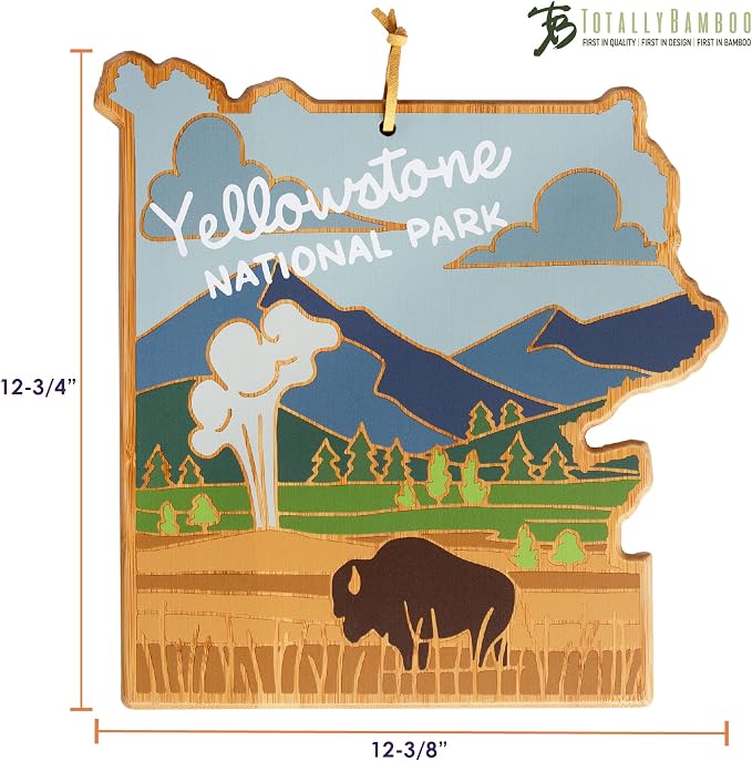 Totally Bamboo Yellowstone National Park Cutting Board, Summer Stokes Art | Yellowstone charcuterie board with colorful hand-drawn landscape art. Reverse side for food prep. Hang tie for wall display.