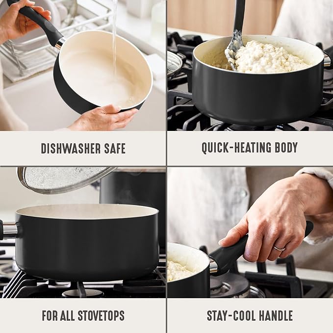 GreenLife 2QT Ceramic Nonstick Saucepan with Lid, Graphite Black | PFAS-Free Ceramic Nonstick Coating, Soup Pot, Induction Ready, All Stovetop Compatible, Stay-Cool Handles, Dishwasher Safe