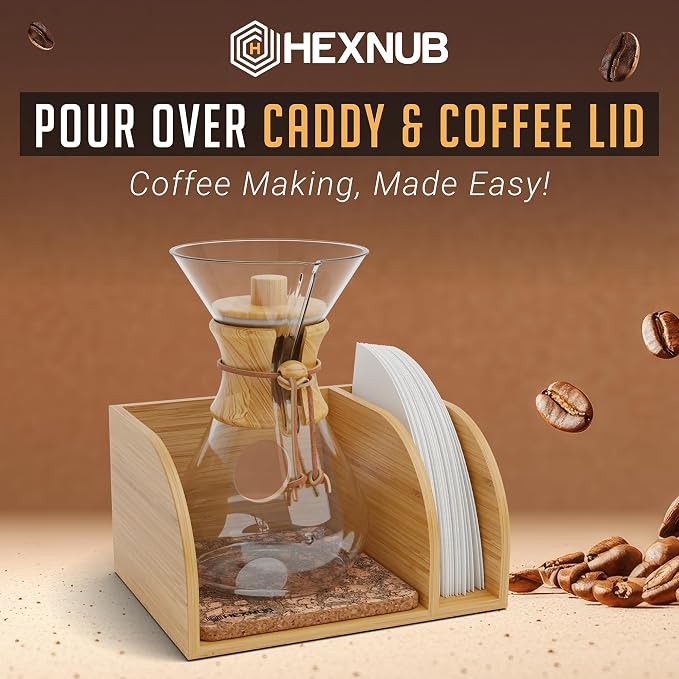 Pour Over Caddy with Lid for Chemex Bodum Cosori Coffee Makers Cork | Handmade Bamboo Stand, Lid, Filter Holder, Heatproof Mat for a Cleaner Coffee Station