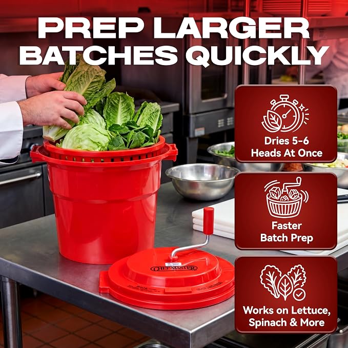 5 Gallon Chef Master Commercial Salad Spinner Dryer – Hand Powered Manual Lettuce Spinner and Fruit Washer Bowl w/ Strainer - Sealed Gearbox, Built In Brake System - Durable Spinner Mechanism - 90005