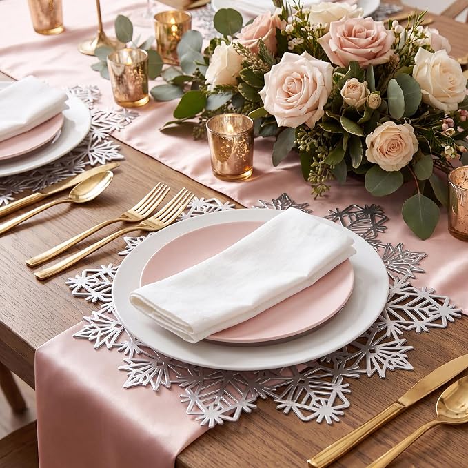 ADRIMER Snowflake Placemats Set of 8, Silver Vinyl Table Mats 15 Inch | Easy to Clean Placemat, Heat Resistant Hollow Wipeable Table Placemats for Thanksgiving Christmas Wedding Holiday Decor