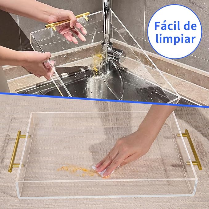 NIUBEE Clear Serving Tray 12x16 Inches - Acrylic Decorative Tray Organiser | Spill-Proof tray with Round Handles for Ottoman Coffee Table Countertop | Decorative Tray for Breakfast in Bed