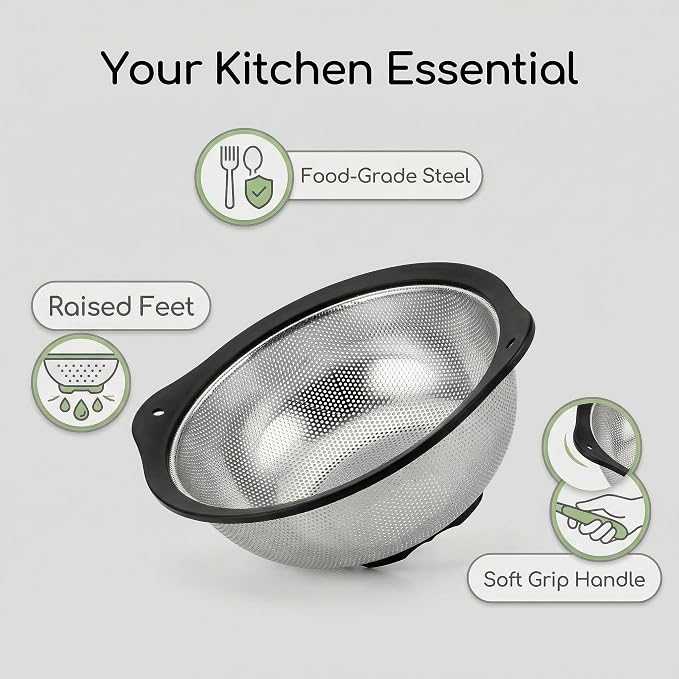 304 Stainless Steel Colander 3-Quart, Heavy Duty Metal Strainer with Riveted Handles, Micro-Perforated Food Strainer for Draining Pasta, Orzo, Rice, Berry, Stable Ring Base, Rust Free