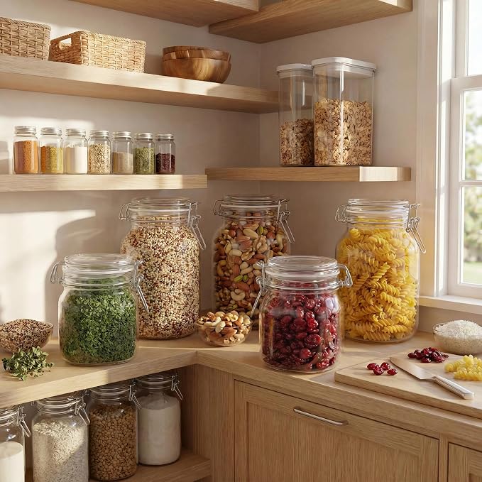 32 oz Round Glass Jars with Airtight Lids, 4 Pack Mason Jar with Clamp Lids | Air Tight Glass Food Storage Containers with Lids Keep Food Dry & Fresh, Best Canister for Flour, Sugar, Cereal, Rice, Coffee