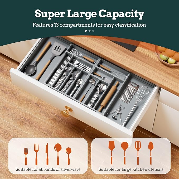 Magnetic Expandable Silverware Drawer Organizer, 13 Slots Utensil Gray | Magnetic Connected, Expandable 21-37.4 Inch, 13 Divided Slots, Gray Cutlery Utensil Organize Kitchen