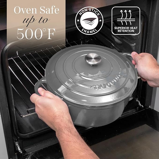 Cast Iron Pot with Lid-Non-Stick Ovenproof Enamelled Casserole Pot, Oven Safe up to 500° F-Sturdy Dutch Oven Cookware - Grey, 5-Quart, 24cm-by Nuovva