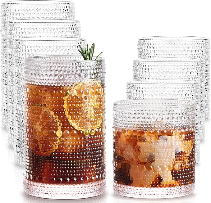 Drinking Water Glass Cups Set,Crystal Hobnail Glass set of 8,15oz&12oz | Unique Design Vintage Tall Glass Cups Sets for Whiskey,Cocktail,mocktails