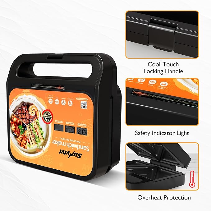 3 in 1 Electric Sandwich Maker with Removable Nonstick Plates - 1000W,Black | for Belgian Waffle/Panini/Grill/Pancake Griddle/Breakfast,Dishwasher Safe,Cool Touch Handle,Easy to Clean & Store